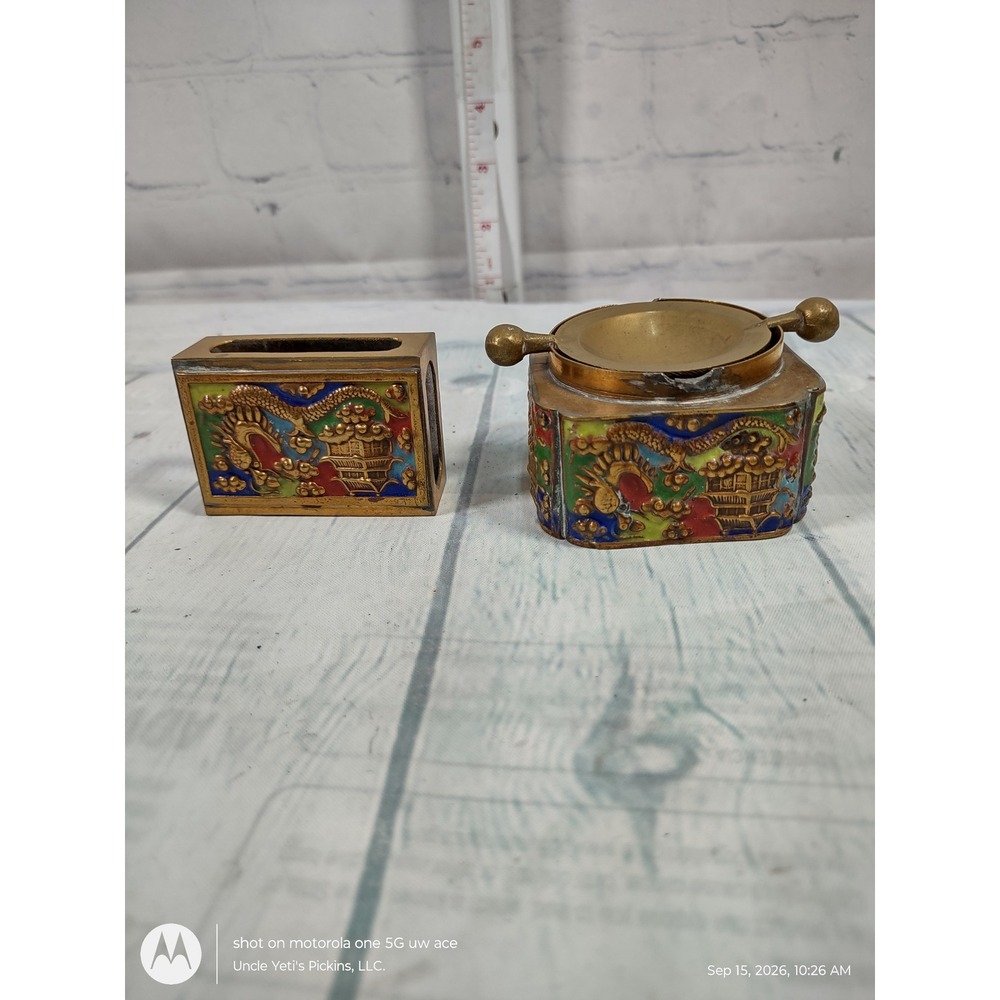 Vintage Chinese Brass Cloisonne Dragon Ashtray and Matchbox Holder Set